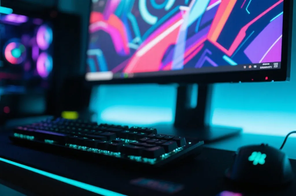Close-up of a professional gaming setup with mechanical keyboard and neon glowing mouse