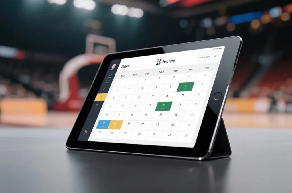 A sleek digital tablet displaying a stylized sports schedule and calendar interface, with blurred basketball arena background