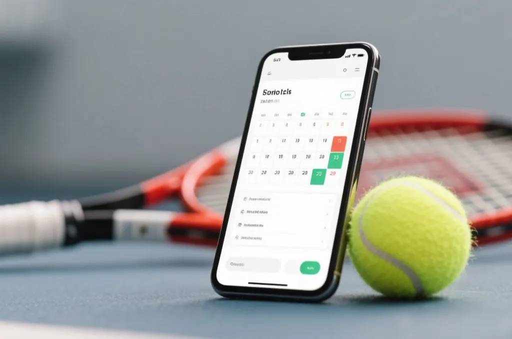 Close-up of a modern smartphone displaying a clean sports schedule interface, a tennis racket and ball lying softly in the blurred background
